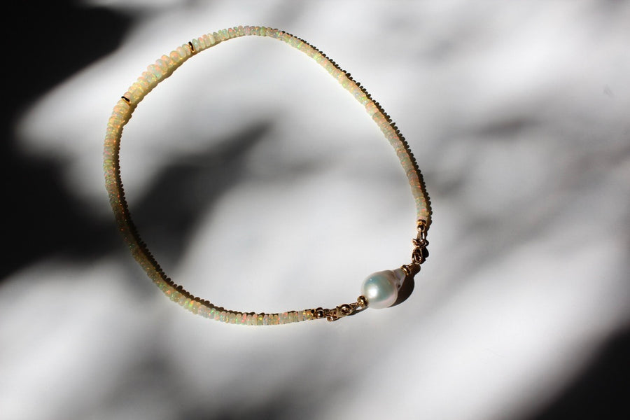 Ethiopian Opal Disc Necklace + Baroque Pearl | Limited Edition